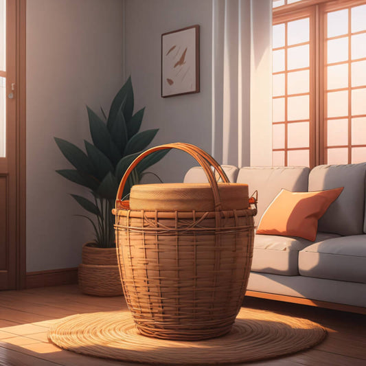 Geflochtener Korb steht in traditionellem japanischen Wohnzimmer