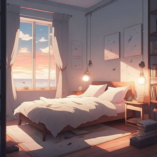 simples schlafzimmer mit sonnenuntergang im fenster