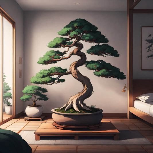 minimalistisches schlafzimmer mit bonsai