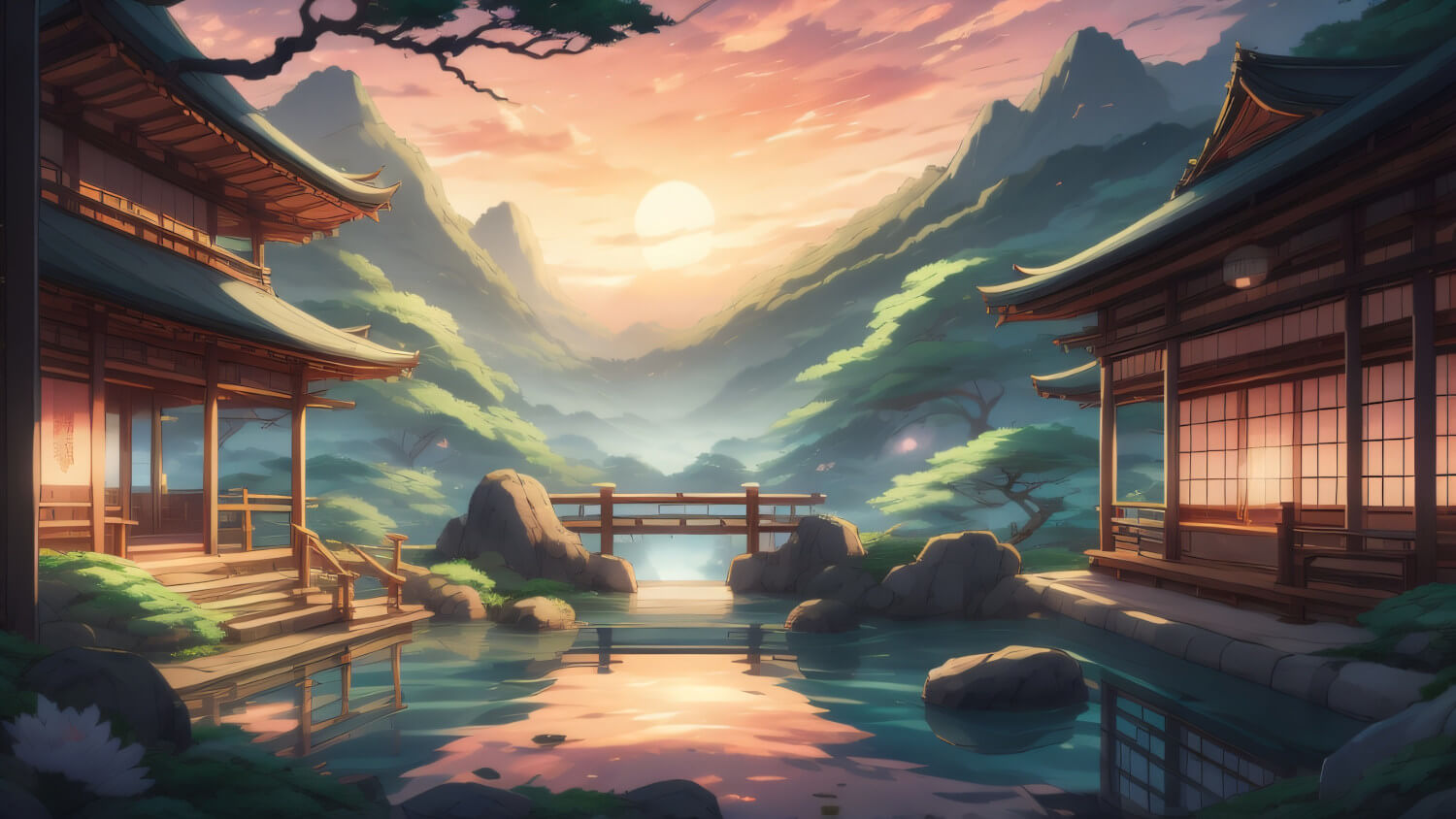 Ein japanischer Onsen mit traditionellen Haeusern und Berglandschaft